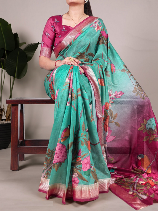 Flawless Green And Pink Tussar Silk Floral Print Saree