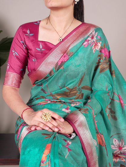 Flawless Green And Pink Tussar Silk Floral Print Saree