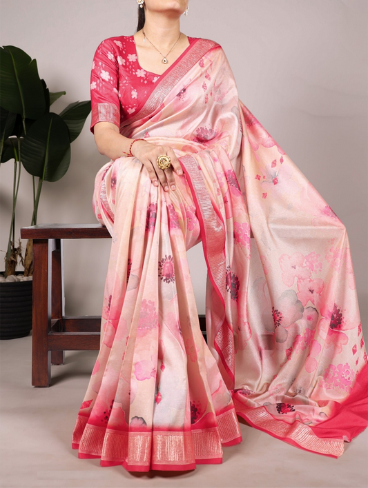 Glamorous Coral Tussar Silk Floral Print Saree