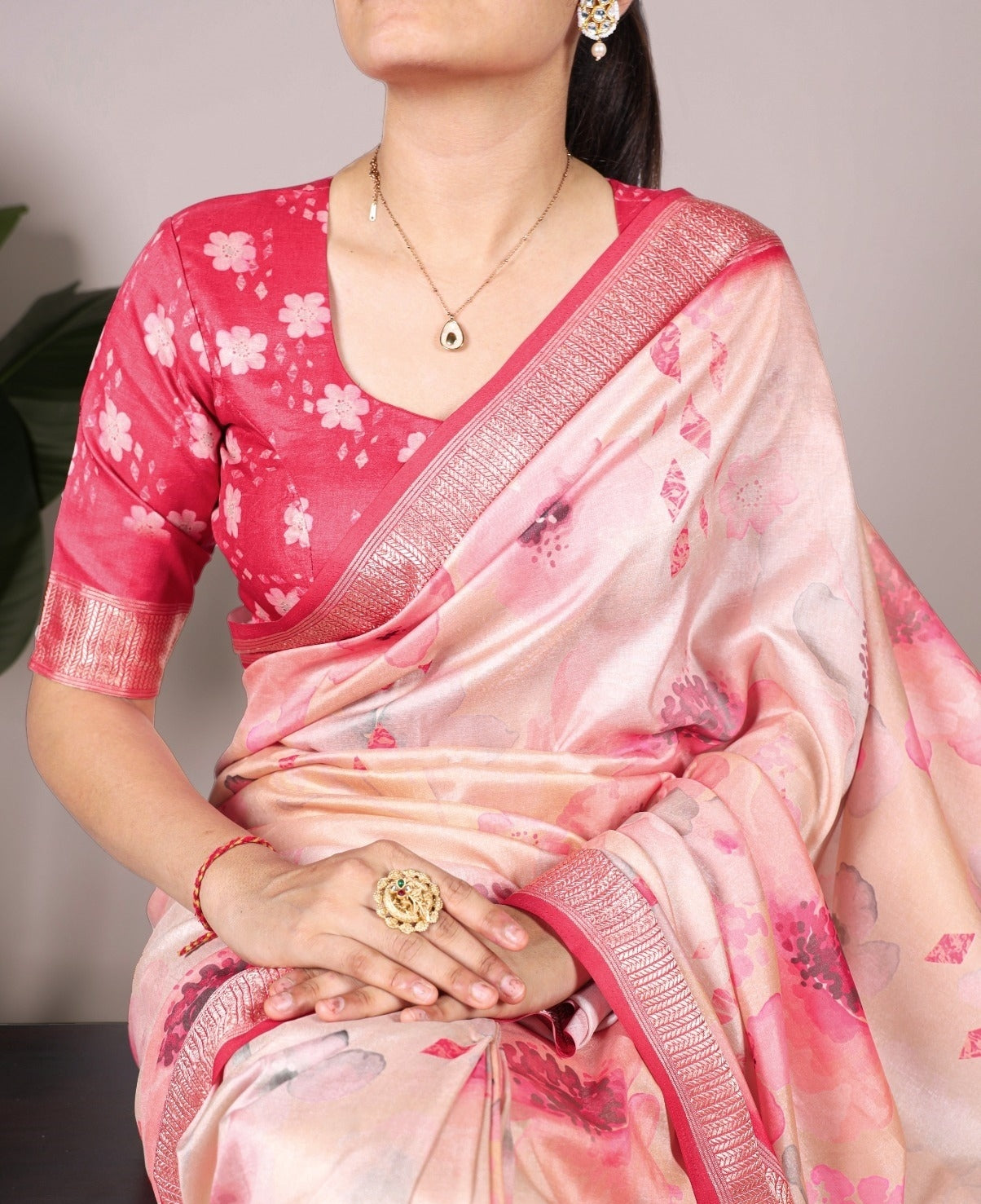 Glamorous Coral Tussar Silk Floral Print Saree