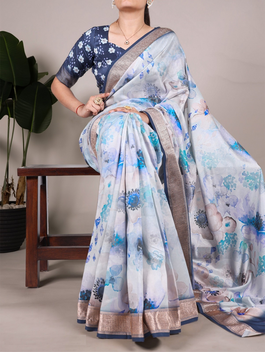 Classy White And Blue Tussar Silk Floral Print Saree