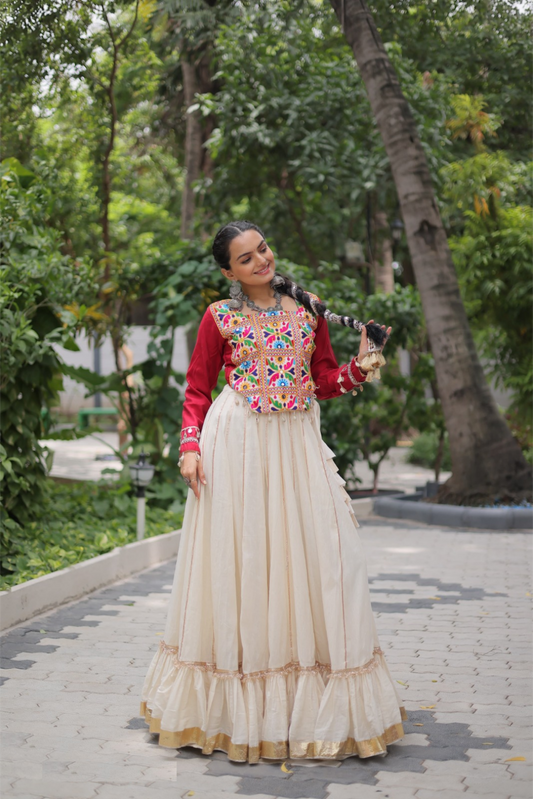 Glamorous Off White And Maroon Kora Cotton Festive Wear Lehenga Set