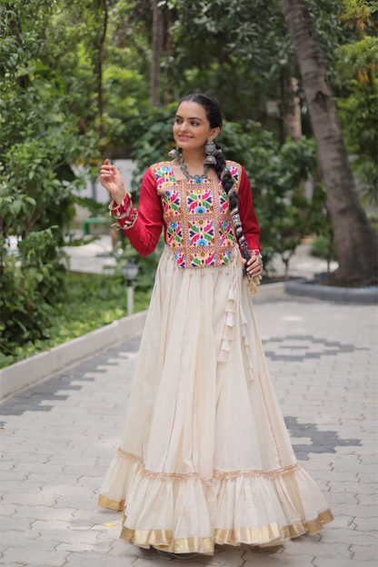 Glamorous Off White And Maroon Kora Cotton Festive Wear Lehenga Set