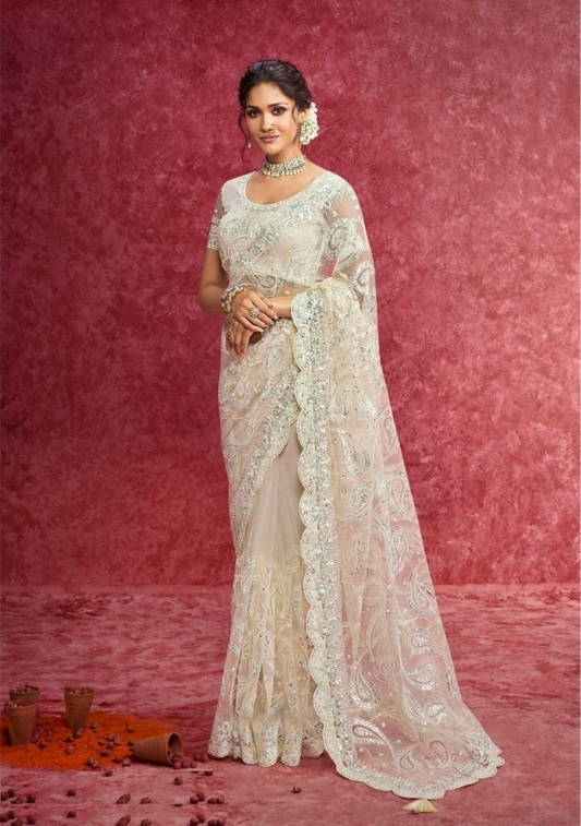 Iconic Off White Net Boutique Style Saree