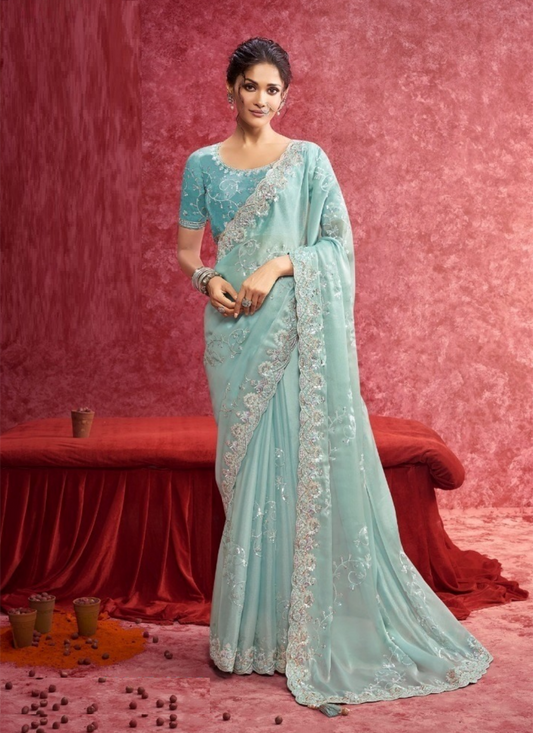 Statement Making Sky Blue Galaxy Silk Boutique Style Saree