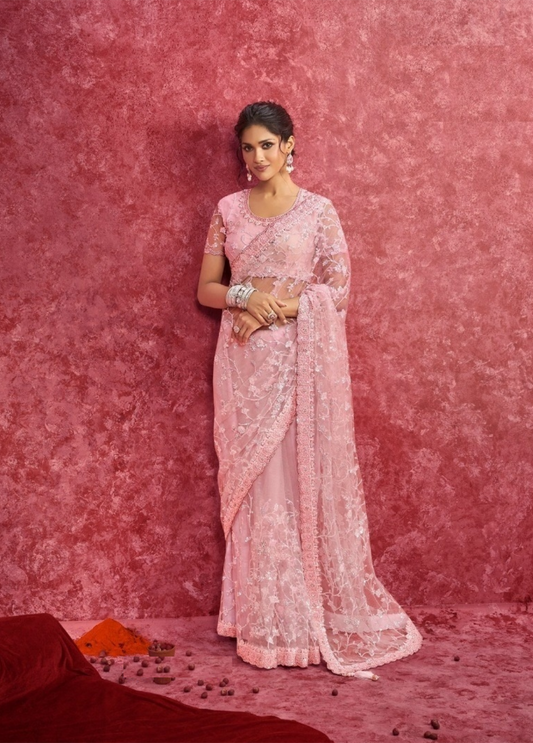 Lustrous Pink Net Boutique Style Saree
