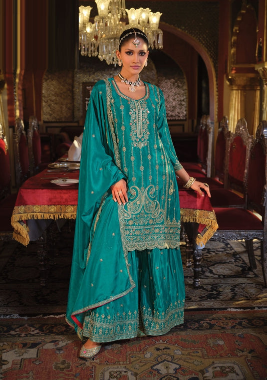 Contemporary Teal Heavy Chinon Pant Bottom Suit Set