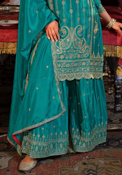 Contemporary Teal Heavy Chinon Pant Bottom Suit Set