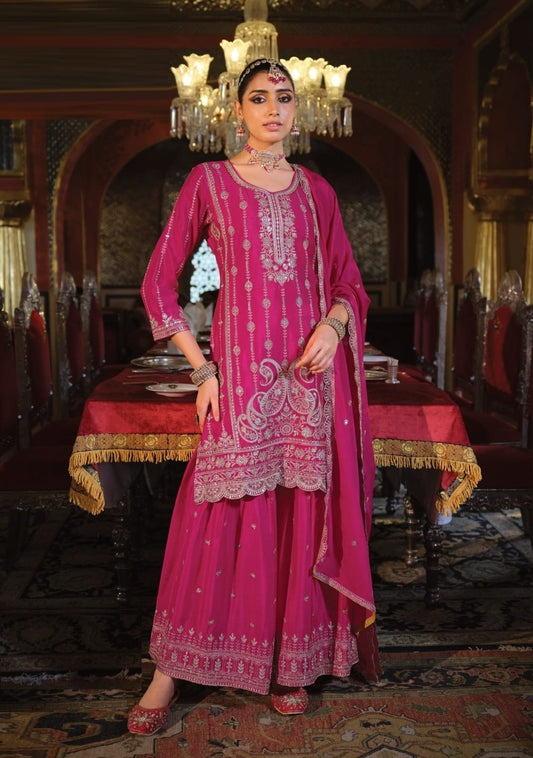 Understated Pink Heavy Chinon Pant Bottom Suit Set