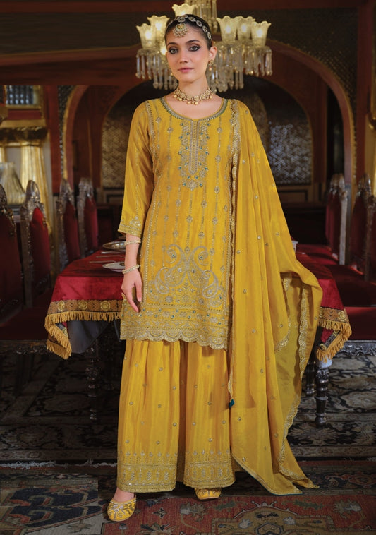 Alluring Yellow Heavy Chinon Pant Bottom Suit Set