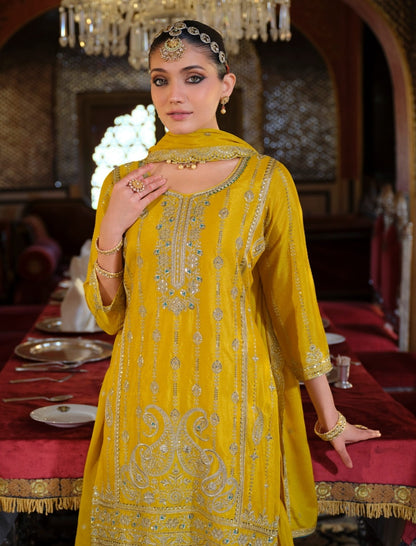 Alluring Yellow Heavy Chinon Pant Bottom Suit Set