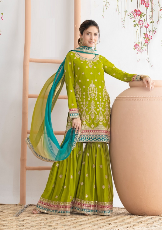 Women Green Chinon With Embroidery Work Gharara Bottom Suit Set