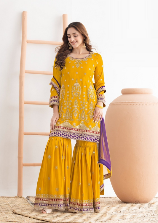 Women Mustard Chinon With Embroidery Work Gharara Bottom Suit Set