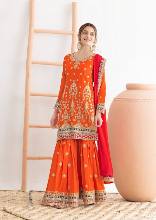 Women Orange Chinon With Embroidery Work Gharara Bottom Suit Set