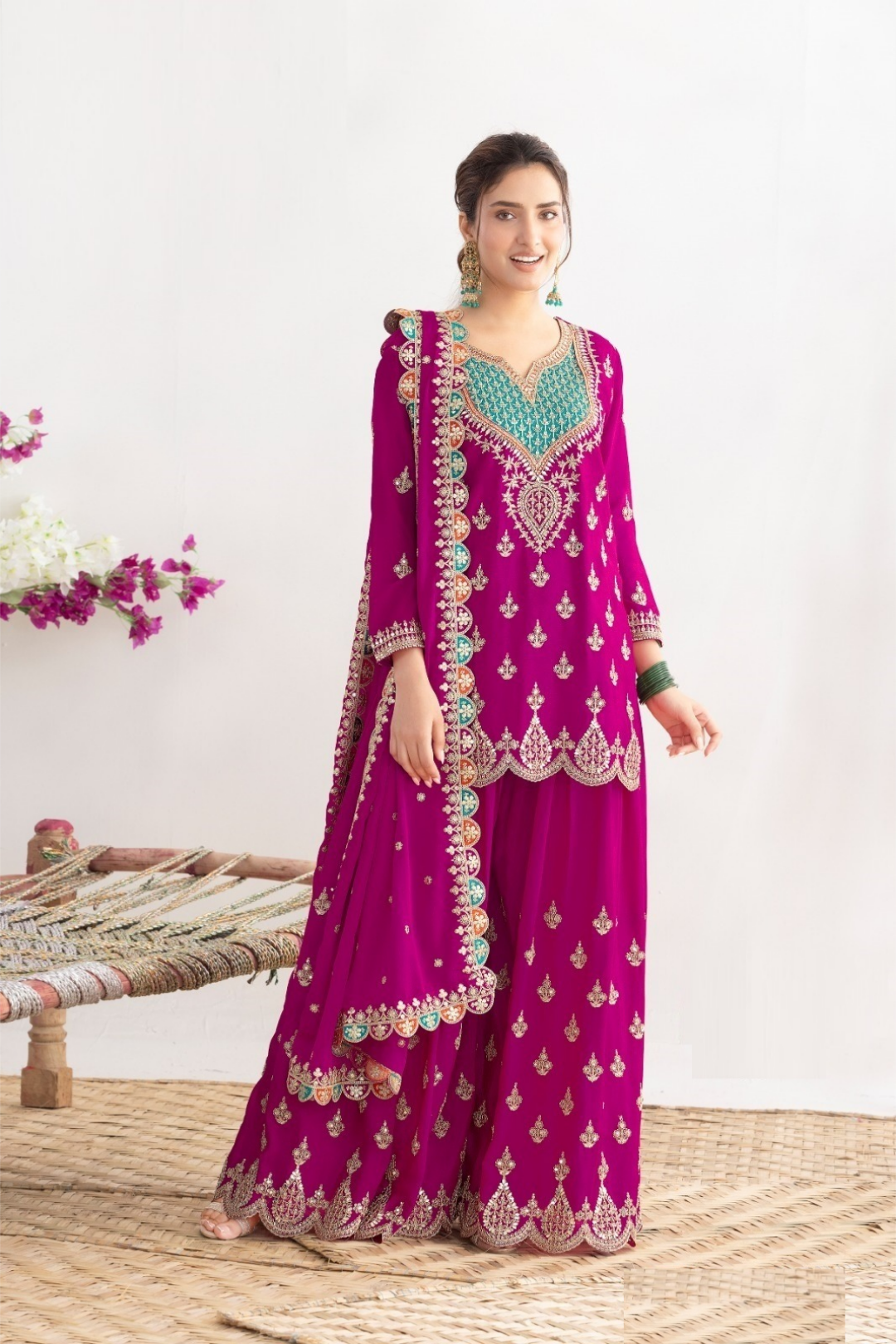 Women Pink Chinon With Sequins Embroidery Work Sharara Bottom Suit Set