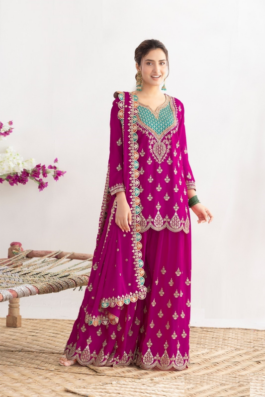 Women Pink Chinon With Sequins Embroidery Work Sharara Bottom Suit Set
