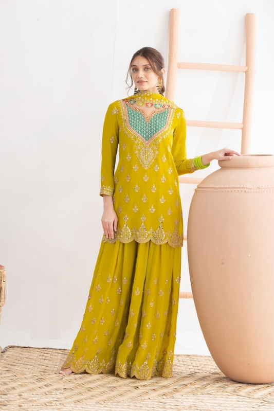 Women Mustard Chinon With Sequins Embroidery Work Sharara Bottom Suit Set