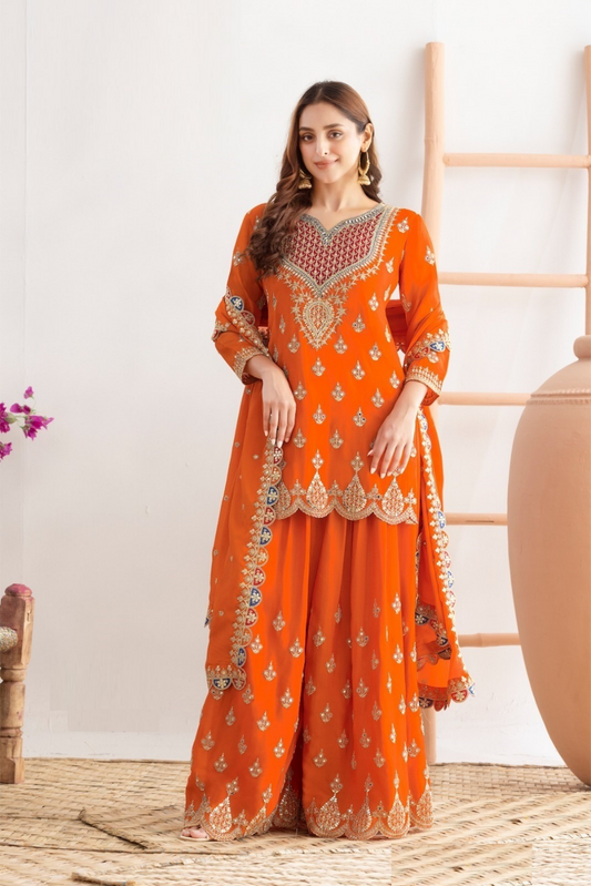 Women Orange Chinon With Sequins Embroidery Work Sharara Bottom Suit Set