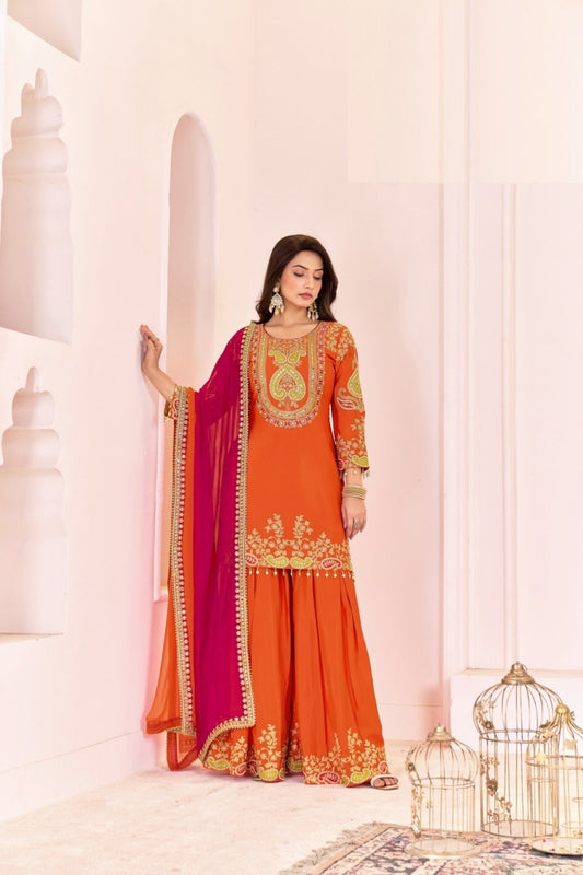 Women Orange Chinnon Gharara Bottom Suit Set