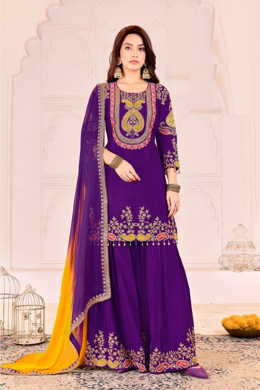Women Purple Chinnon Gharara Bottom Suit Set