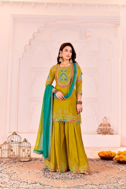 Women Green Chinnon Gharara Bottom Suit Set