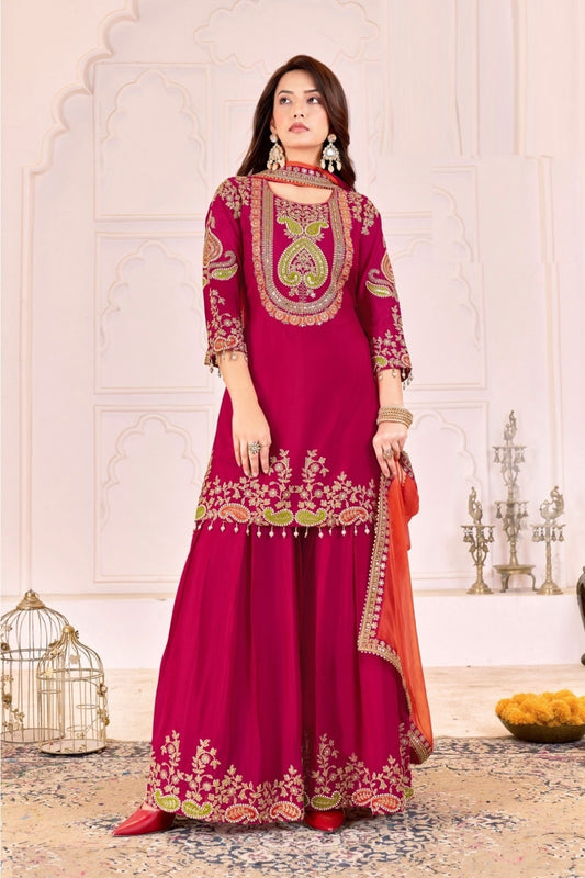 Women Pink Chinnon Gharara Bottom Suit Set