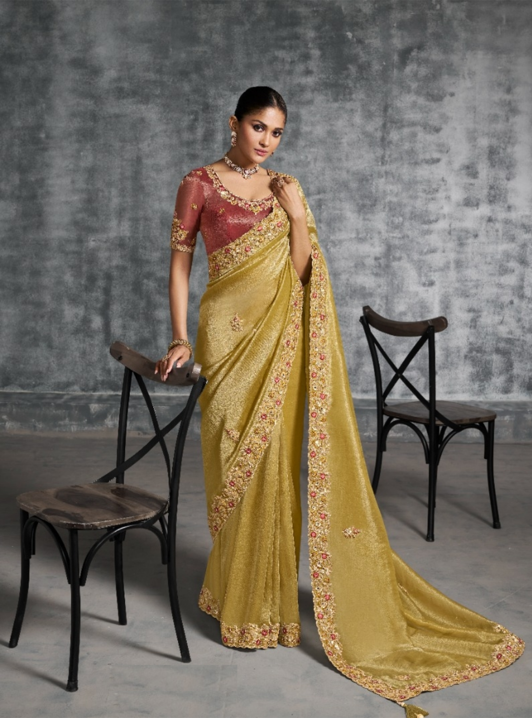 Luxe Golden & Mroon Tissue Tissue Saree