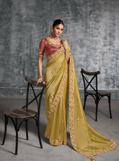Luxe Golden & Mroon Tissue Tissue Saree