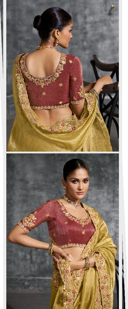 Luxe Golden & Mroon Tissue Tissue Saree