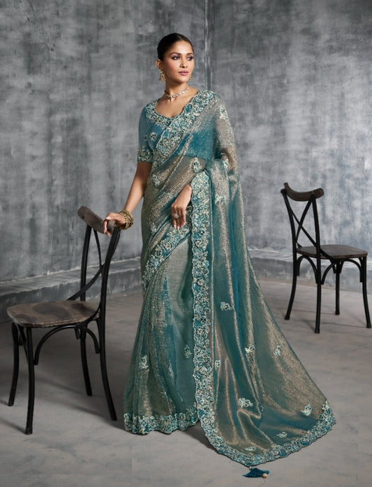 Immaculate Teal Tissue Tissue Saree