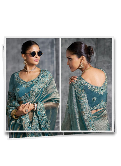Immaculate Teal Tissue Tissue Saree