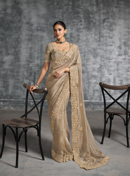 Vivid Beige Tissue Tissue Saree