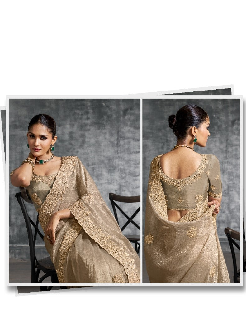 Vivid Beige Tissue Tissue Saree