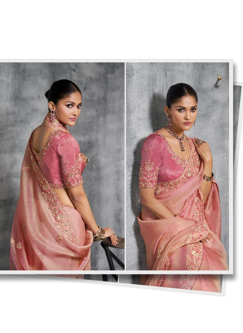 Sculpted Pink Tissue Tissue Saree