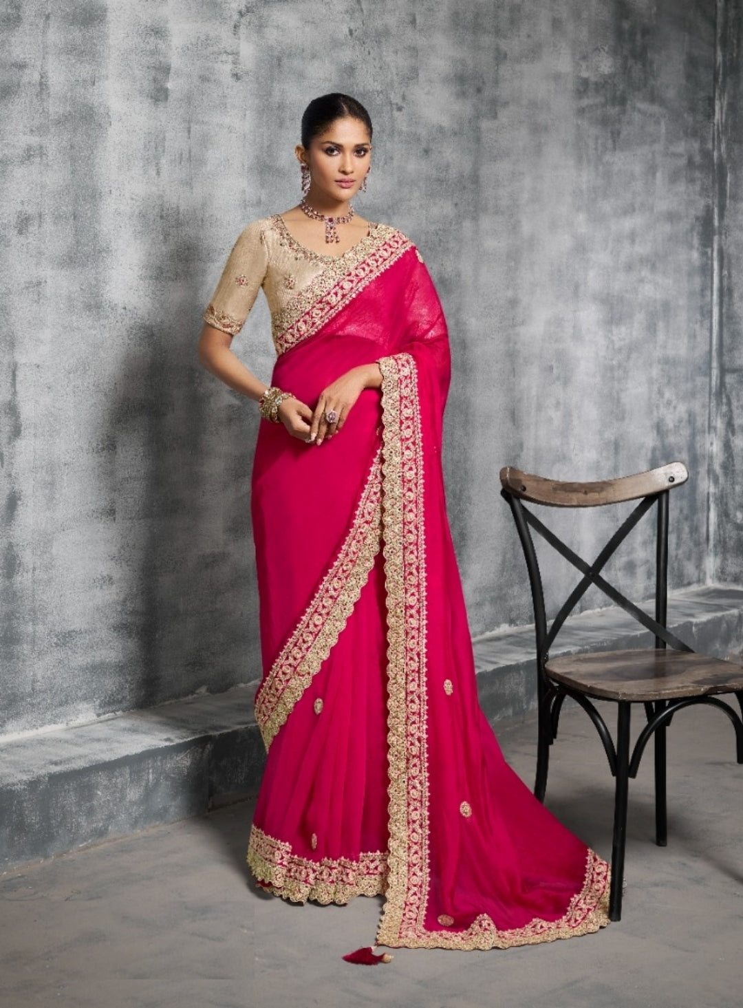 Flattering Rani Pink Tissue Tissue Saree
