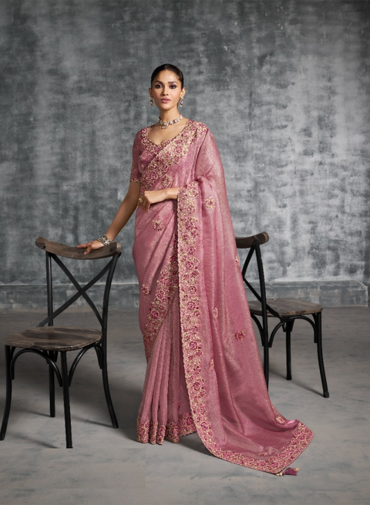 Sumptuous Pink Tissue Tissue Saree