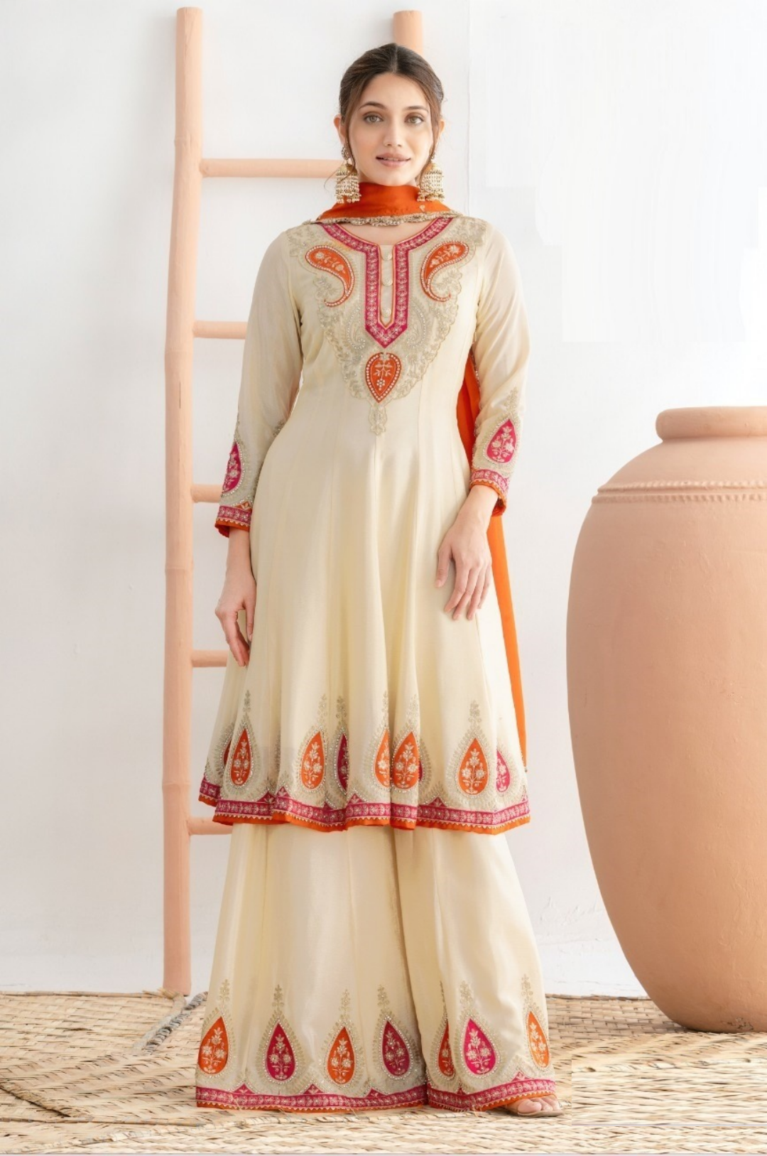 Women Off White Chinon With Embroidery Work Sharara Bottom Suit Set