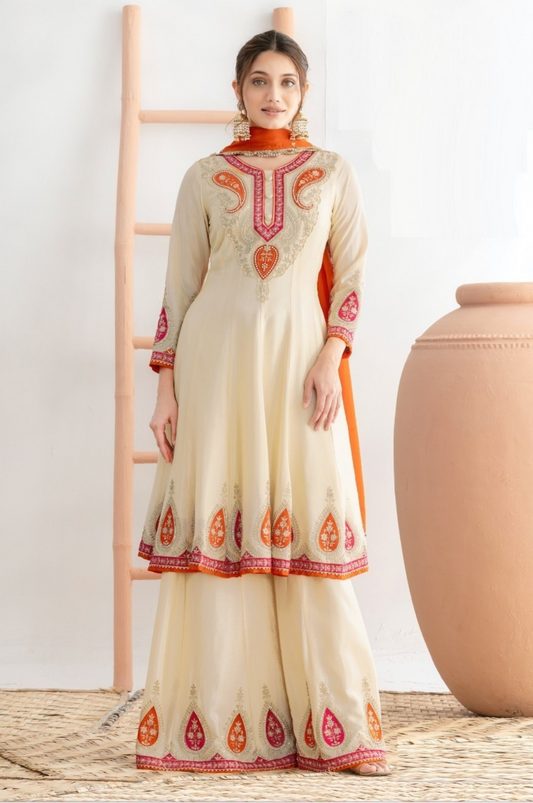 Women Off White Chinon With Embroidery Work Sharara Bottom Suit Set