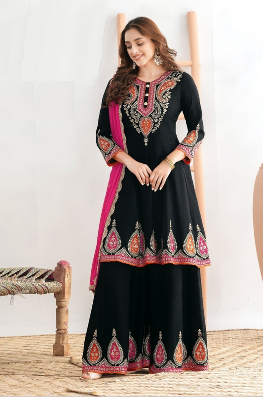 Women Black Chinon With Embroidery Work Sharara Bottom Suit Set