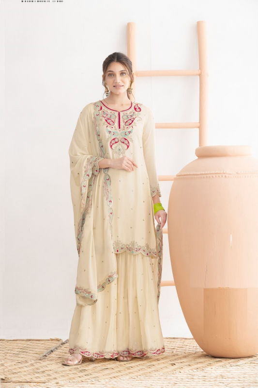 Women Off White Chinon Gharara Bottom Suit Set