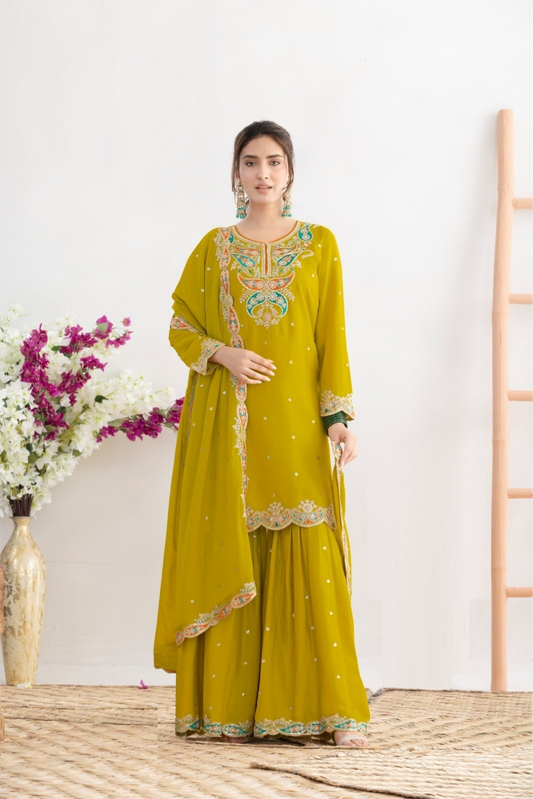 Women Green Chinon Gharara Bottom Suit Set