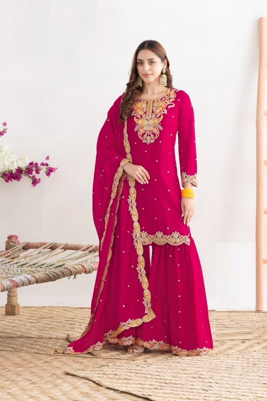 Women Pink Chinon Gharara Bottom Suit Set