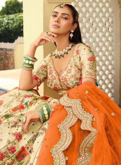 Lovely Off White Silk With Embroidery Work Bridal Lehenga