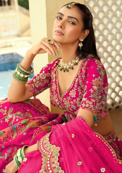 Spectacular Pink Silk With Embroidery Work Bridal Lehenga