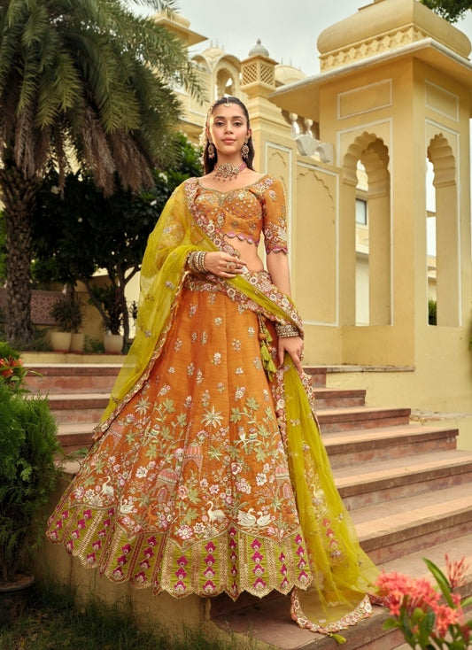 Captivating Orange Silk With Embroidery Work Bridal Lehenga