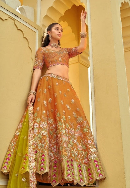 Captivating Orange Silk With Embroidery Work Bridal Lehenga