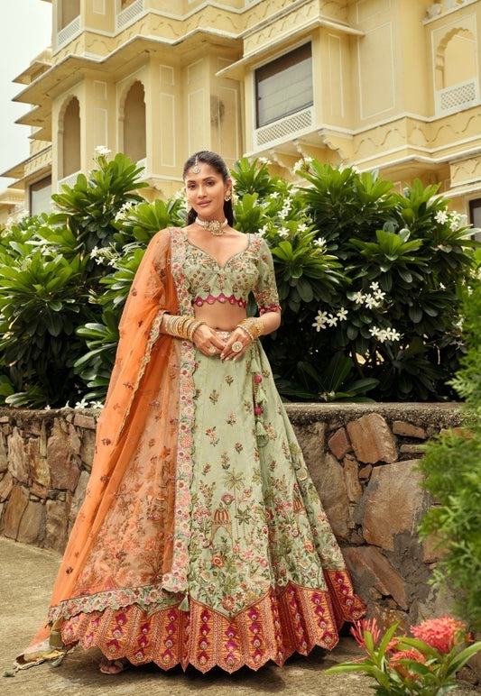 Pretty Sea Green Silk With Embroidery Work Bridal Lehenga