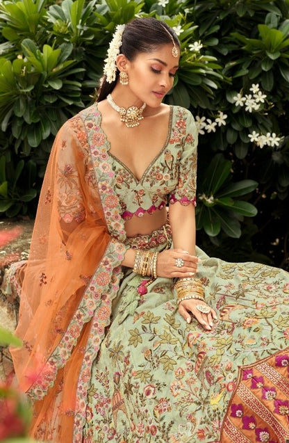 Pretty Sea Green Silk With Embroidery Work Bridal Lehenga