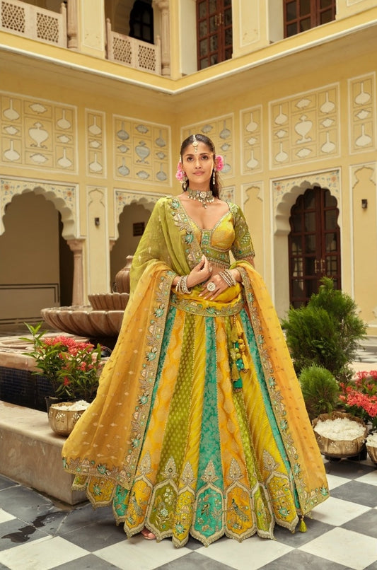 Comfy Yellow And Blue Silk With Embroidery Work Bridal Lehenga