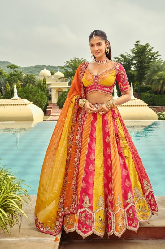 Magnificent Yellow And Pink Silk With Embroidery Work Bridal Lehenga